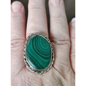 Vintage NA Ring Green Malachite Coin Silver Size 11.5 Twisted Rope Detail